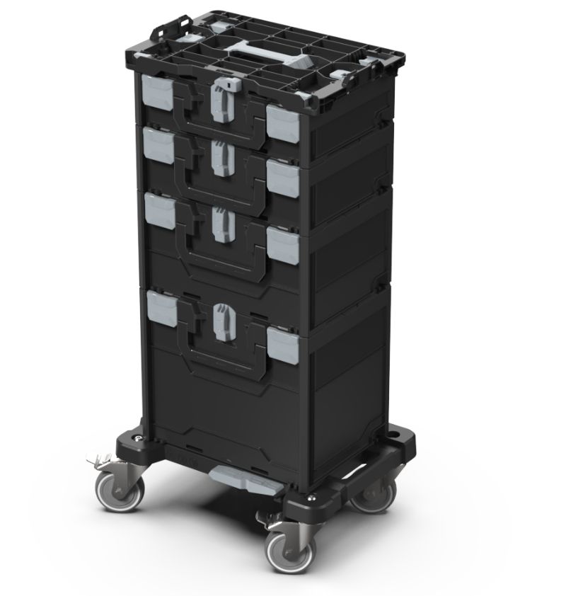 La mallette modulaire metabox peut s'empiler sur roulettes pour plus de praticité.