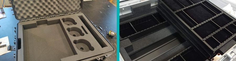 Exemples de mousse pour flight case réalisés par AJM Emballages